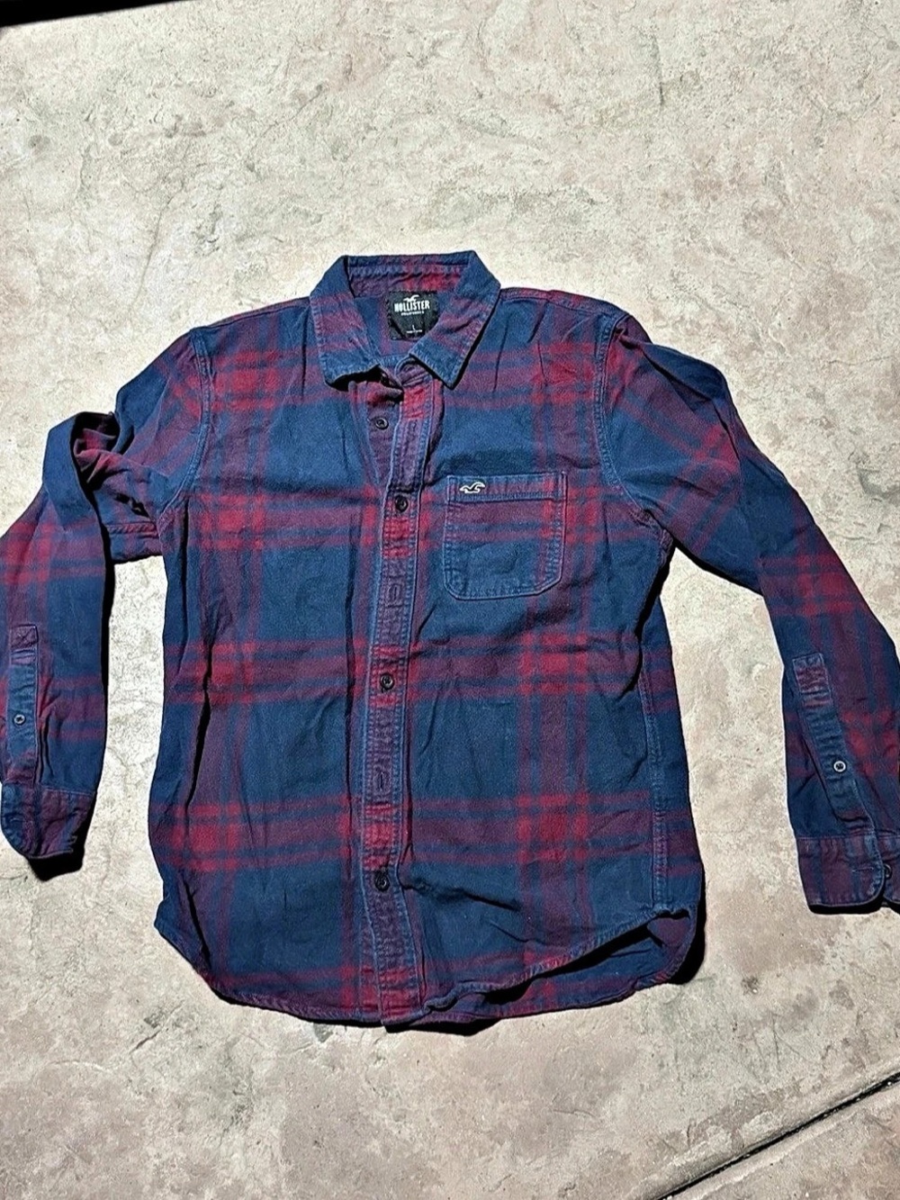 Hollister Men's L Blue Red Plaid Long Sleeve Point Collar Button-Up Pockets